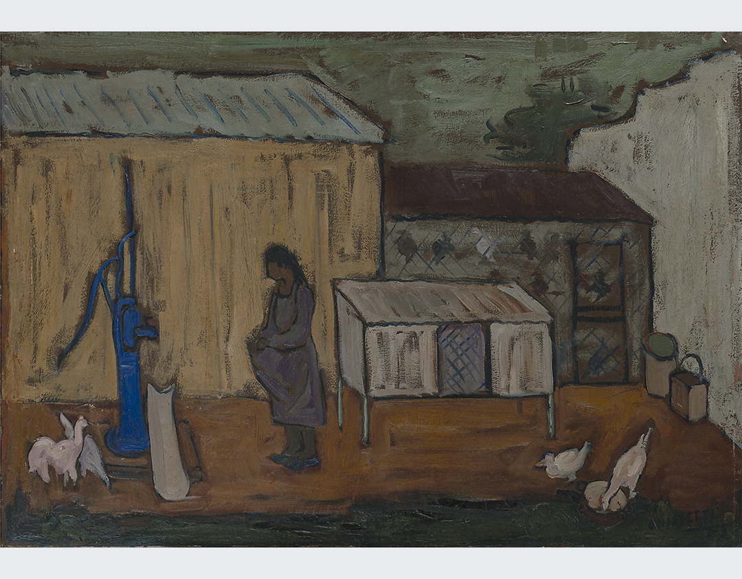 Cuadro de mujer alimentando gallinas